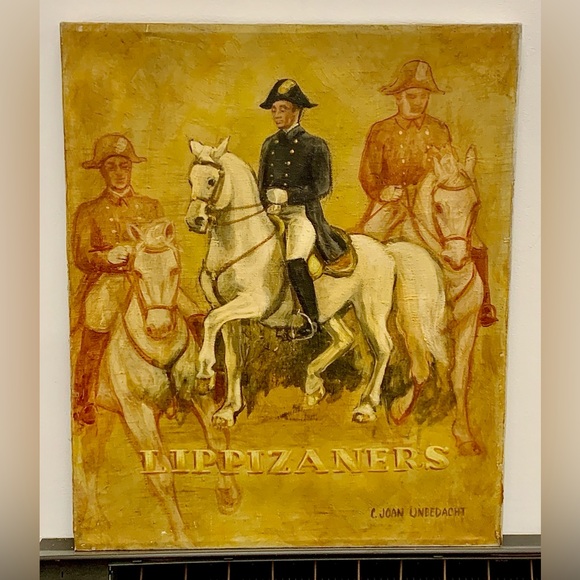 Mid Century Vintage Acrylic on Canvas Soldier Mounted Lippizaners Horse Painting - Picture 11 of 15